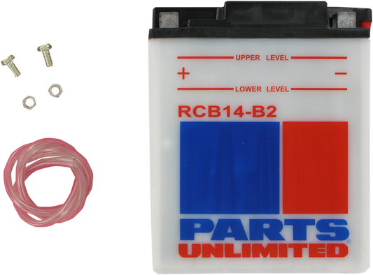 Heavy-duty motorcycle battery from Parts Unlimited, Model CB14-B2, designed for reliable starting power and durability.