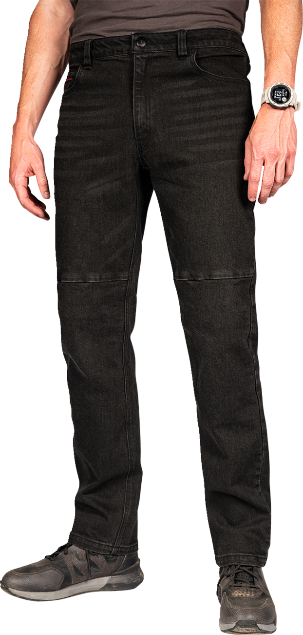 Black ICON Uparmor™ jeans by Bill's Exhausts, size 32, showing the fit and denim texture.