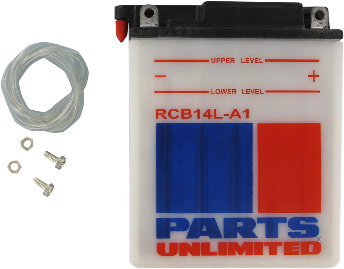 Parts Unlimited RCB14L-A1 heavy-duty motorcycle battery providing reliable starting power, with visible terminals and robust casing.
