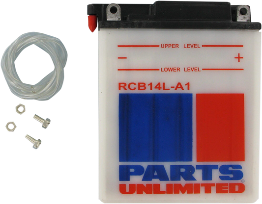 Parts Unlimited RCB14L-A1 heavy-duty motorcycle battery providing reliable starting power, with visible terminals and robust casing.