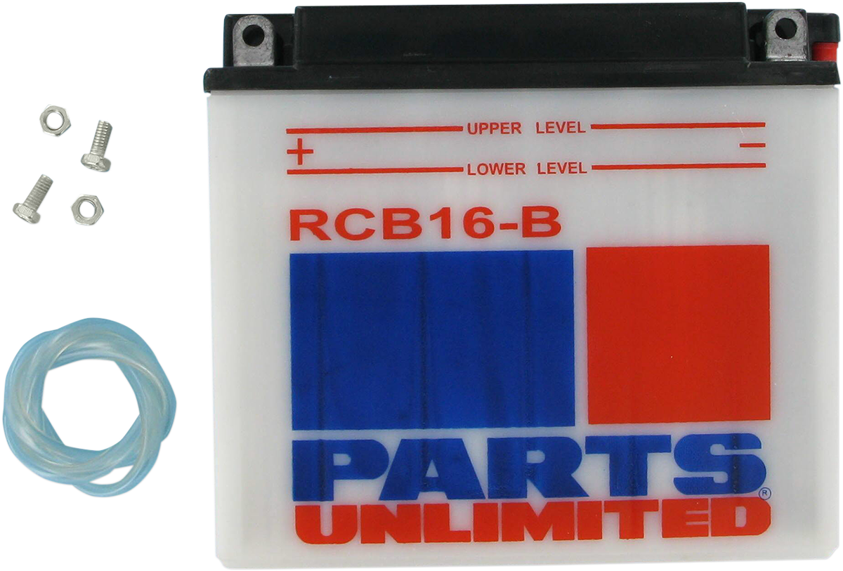 Heavy-duty motorcycle battery by Parts Unlimited, model YB16B CB16-B, designed for reliable power and durability.