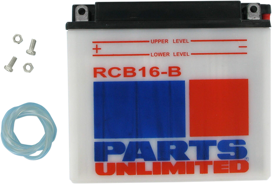 Heavy-duty motorcycle battery by Parts Unlimited, model YB16B CB16-B, designed for reliable power and durability.