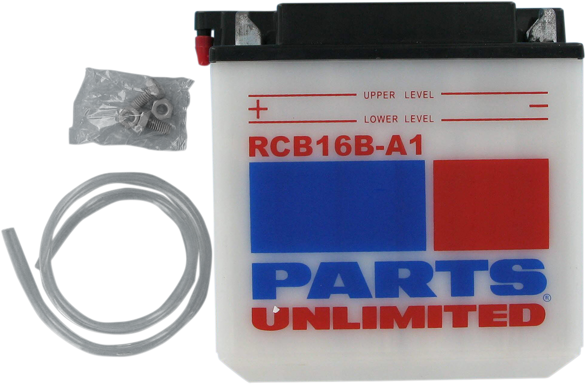 Heavy-duty Parts Unlimited YB16BA1 CB16B-A1 motorcycle battery with terminals and casing visible.