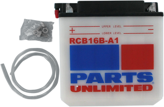 Heavy-duty Parts Unlimited YB16BA1 CB16B-A1 motorcycle battery with terminals and casing visible.