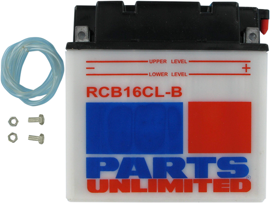 Heavy-duty motorcycle battery from Parts Unlimited, model RCB16CL-B, with black case and terminal posts.