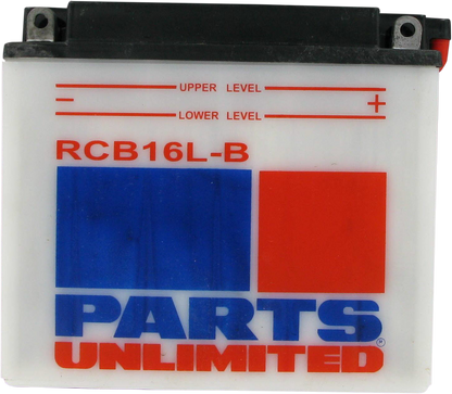 Heavy-duty motorcycle battery from PARTS UNLIMITED, YB16L-B model, with positive and negative terminals visible.