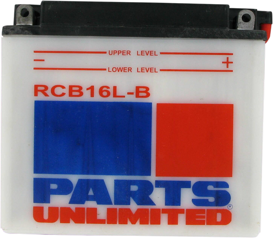 Heavy-duty motorcycle battery from PARTS UNLIMITED, YB16L-B model, with positive and negative terminals visible.