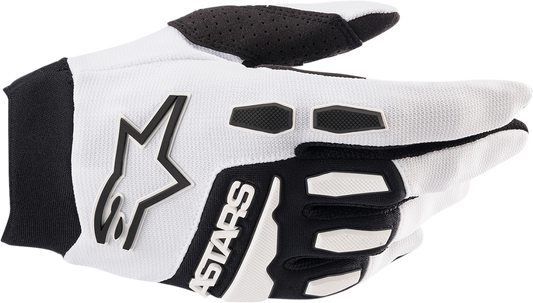 Alpinestars Full Bore motorcycle gloves in white and black, small size, featuring protective padding and adjustable wrist closure.