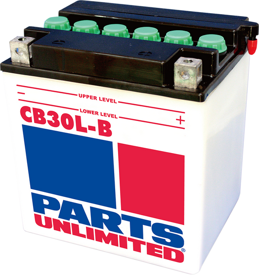 Parts Unlimited YB30L-B heavy-duty motorcycle battery, CB30L-B model, with visible terminals and durable casing for motorcycle power.