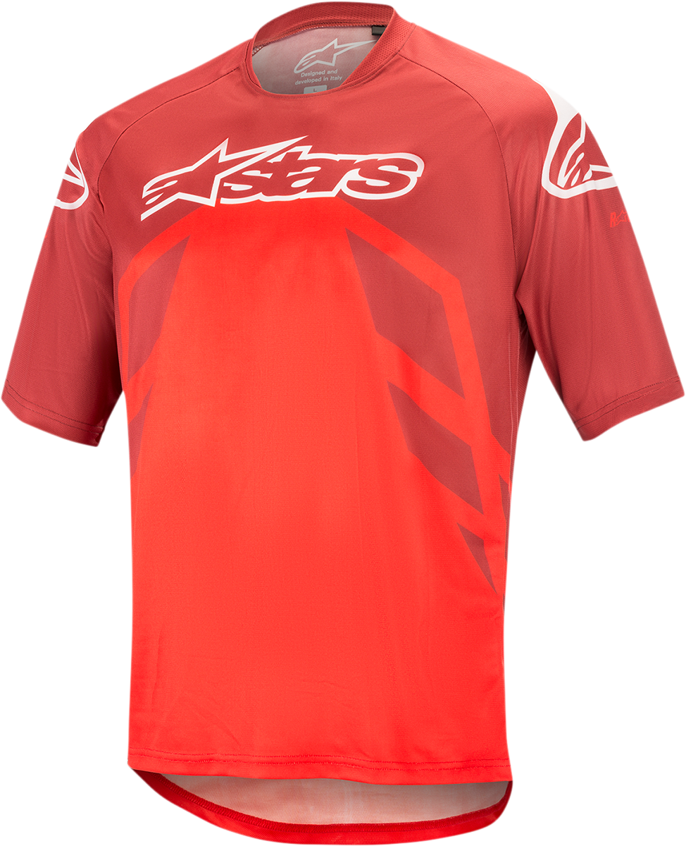 Alpinestars Racer V2 motorcycle jersey in burgundy, red, and white, size 2XL, featuring breathable fabric and racing design.