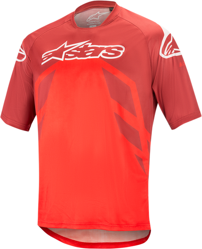 Alpinestars Racer V2 motorcycle jersey in burgundy, red, and white, size 2XL, featuring breathable fabric and racing design.