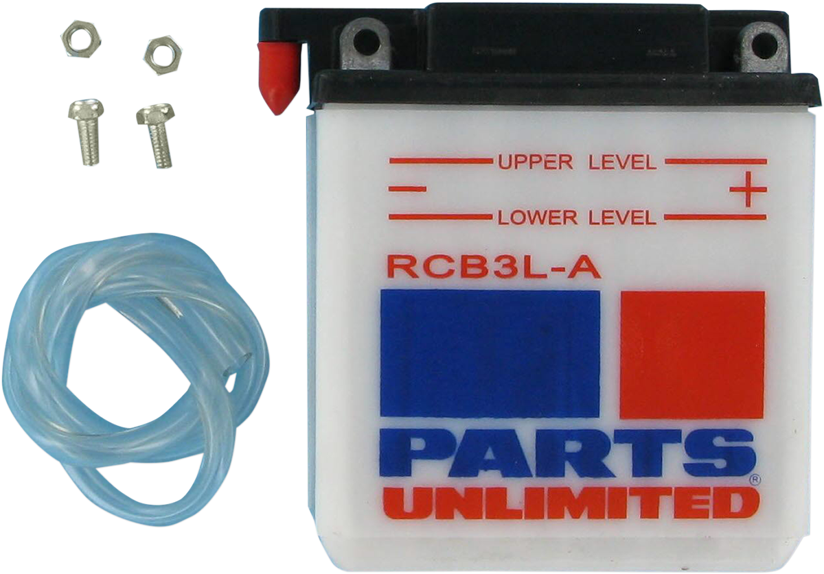 Parts Unlimited heavy-duty YB3L-A CB3L-A motorcycle battery with anti-sulfation technology, showing terminals and compact design.