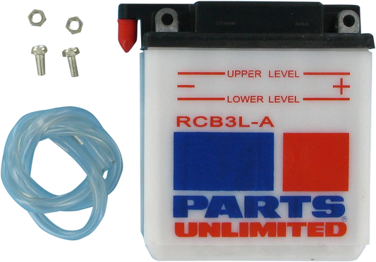 Parts Unlimited heavy-duty YB3L-A CB3L-A motorcycle battery with anti-sulfation technology, showing terminals and compact design.