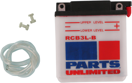 Parts Unlimited heavy-duty motorcycle battery RCB3L-B with enhanced starting power, shown in this product image.