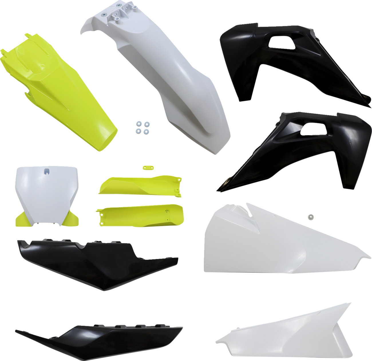 A white, black, and yellow Acerbis standard replacement motorcycle body kit with panels and aerodynamic design.