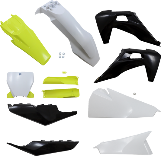 A white, black, and yellow Acerbis standard replacement motorcycle body kit with panels and aerodynamic design.