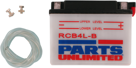 Heavy-duty motorcycle battery by Parts Unlimited, model YB4L-B, designed for durable power in CB4L-B compatible bikes.