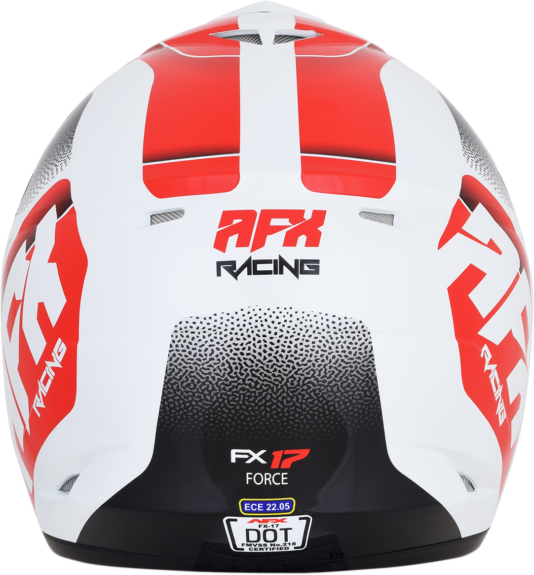 Pearl white and red AFX FX-17 motorcycle helmet with force design, small size, featuring a sleek aerodynamic shape and visor.