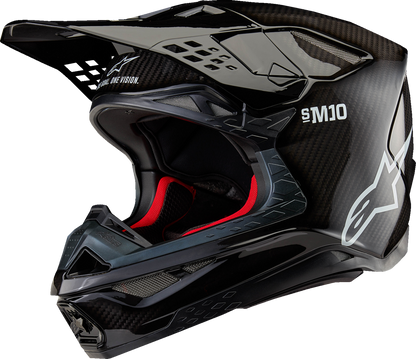 Alpinestars Supertech M10 helmet in gloss black carbon with MIPS, medium size, featuring a sleek helmet design and ventilation.