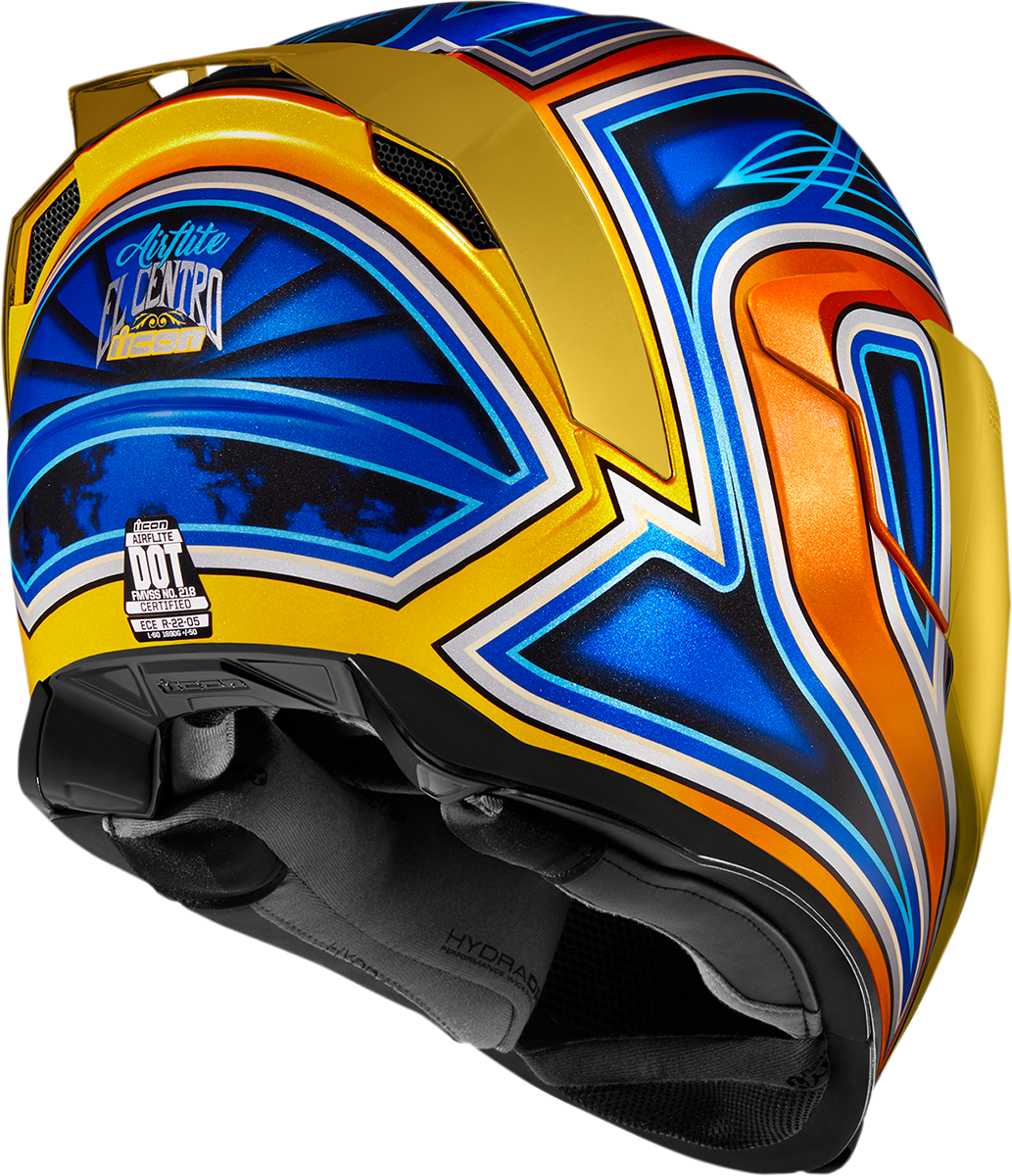 Blue ICON Airflite helmet in medium size with El Centro design, featuring a sleek aerodynamic shape and bold graphics.