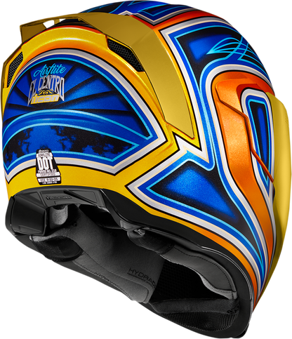 Blue ICON Airflite helmet in medium size with El Centro design, featuring a sleek aerodynamic shape and bold graphics.