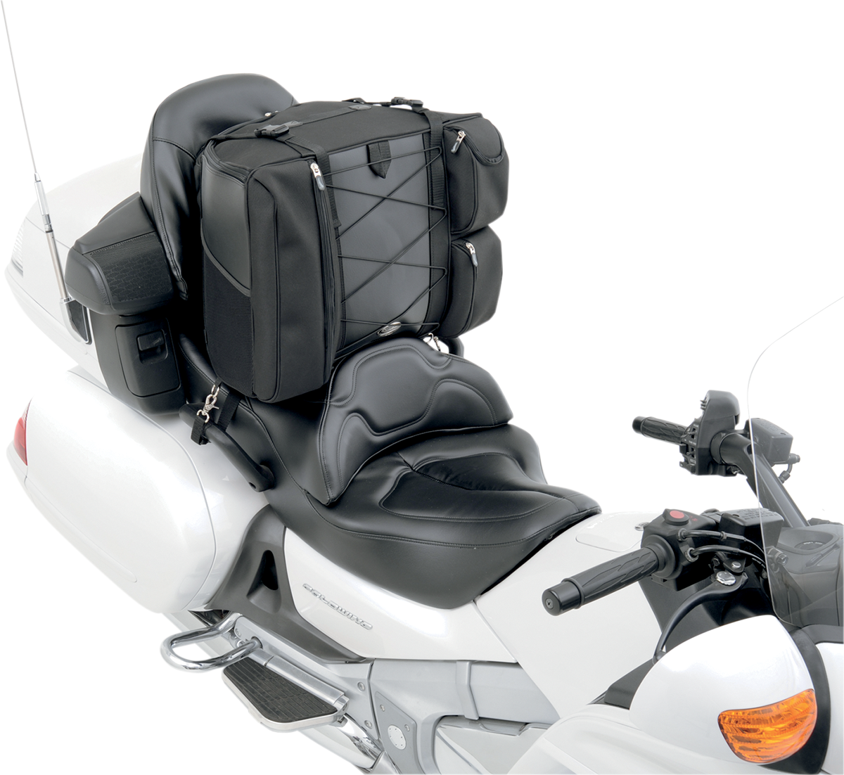 Bill's Exhausts Saddlemens Backrest Bag 3501-0322 attached to motorcycle seat, showcasing durable black backrest and storage compartment.