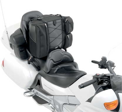 Bill's Exhausts Saddlemens Backrest Bag 3501-0322 attached to motorcycle seat, showcasing durable black backrest and storage compartment.