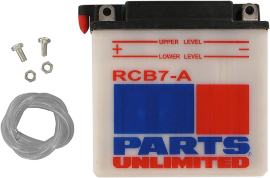 Heavy-duty Parts Unlimited motorcycle battery for reliable starting power, designed for YB7A and CB7A models.
