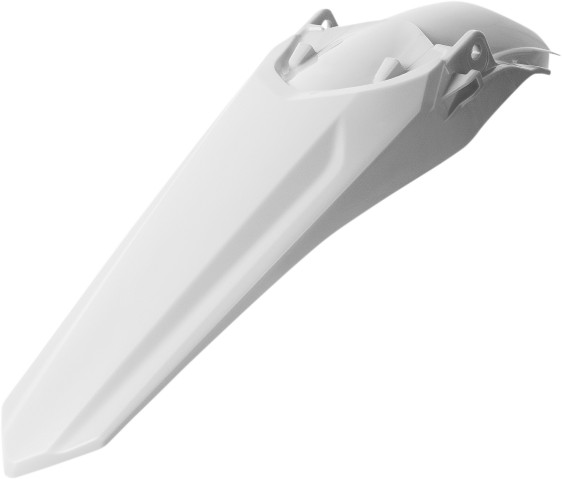 Acerbis white rear fender for motorcycle, mounted on bike, showcasing durable plastic body and sleek design for off-road riding.