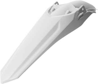 Acerbis white rear fender for motorcycle, mounted on bike, showcasing durable plastic body and sleek design for off-road riding.