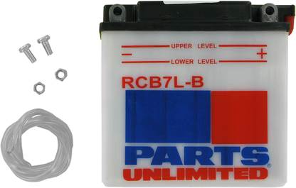 Heavy-duty motorcycle battery by Parts Unlimited, YB7L-B, model CB7L-B, with terminals and battery casing visible.