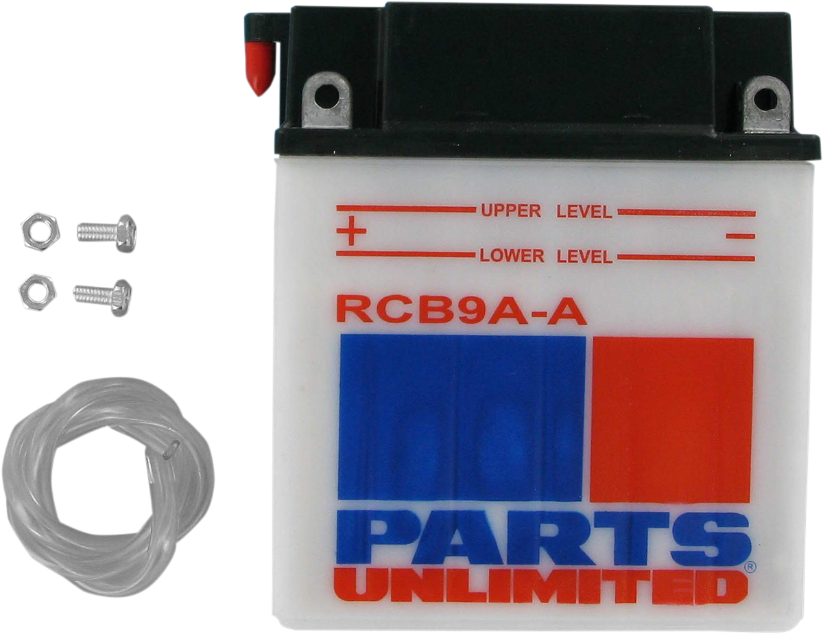 Parts Unlimited CB9A-A heavy-duty motorcycle battery providing reliable starting power, shown in a close-up image.