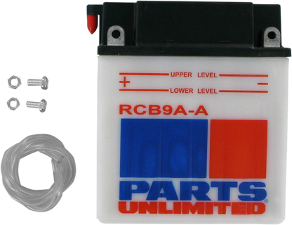 Parts Unlimited CB9A-A heavy-duty motorcycle battery providing reliable starting power, shown in a close-up image.