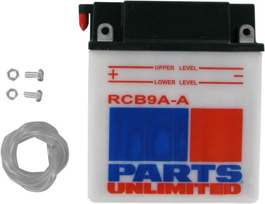 Parts Unlimited CB9A-A heavy-duty motorcycle battery providing reliable starting power, shown in a close-up image.