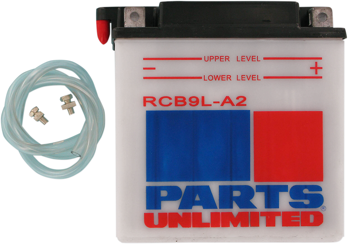 Parts Unlimited heavy-duty motorcycle battery RCB9L-A2 CB9L-A2 with sturdy construction for reliable starting power.