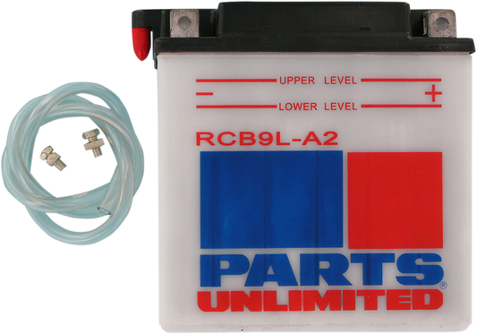 Parts Unlimited heavy-duty motorcycle battery RCB9L-A2 CB9L-A2 with sturdy construction for reliable starting power.