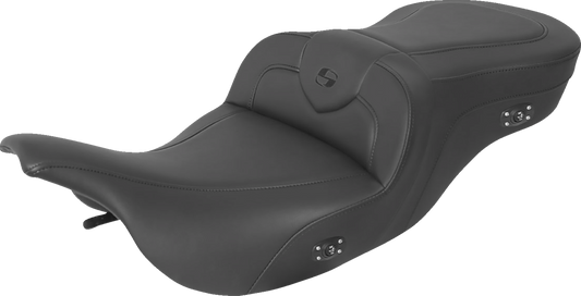 Black SADDLEMEN Heated RoadSofa seat without backrest, featuring black stitching, designed for motorcycle comfort.