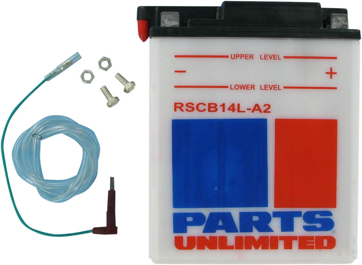 Heavy-duty motorcycle battery from Parts Unlimited with sensor, model RSCB14LA2, designed for reliable power and performance.