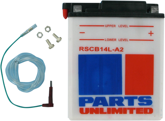 Heavy-duty motorcycle battery from Parts Unlimited with sensor, model RSCB14LA2, designed for reliable power and performance.