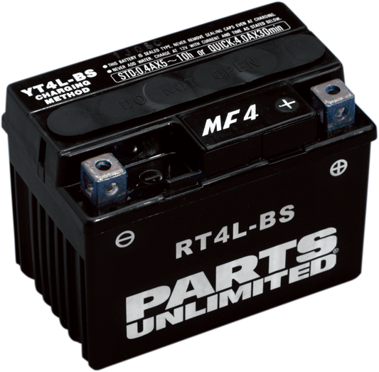 Parts Unlimited AGM Battery RTX4LBS, maintenance-free sealed lead-acid motorcycle battery with positive and negative terminals visible