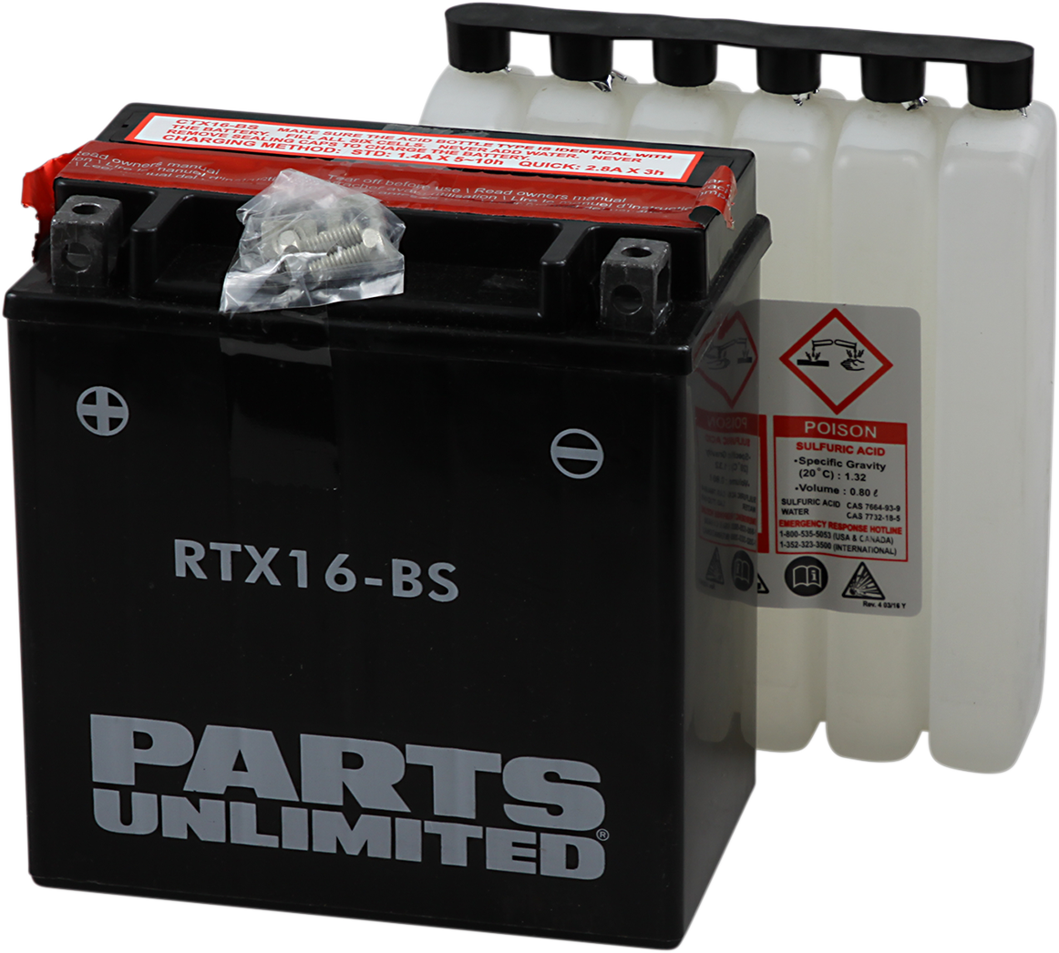 Parts Unlimited CTX16-BS AGM battery for YTX16-BS applications, showing the compact, sealed motorcycle battery with terminals.
