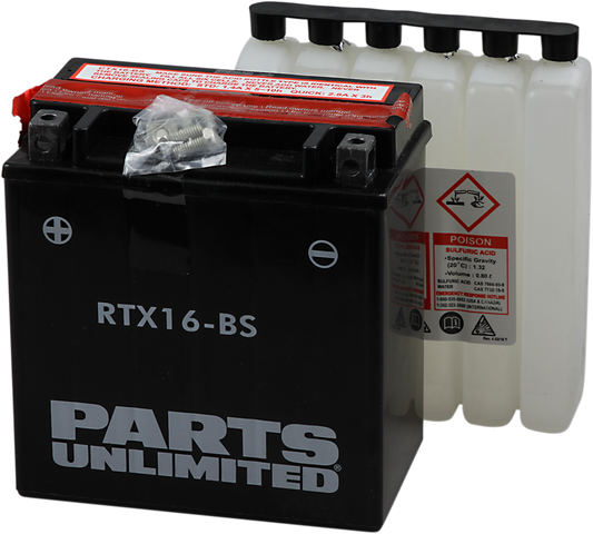 Parts Unlimited CTX16-BS AGM battery for YTX16-BS applications, showing the compact, sealed motorcycle battery with terminals.