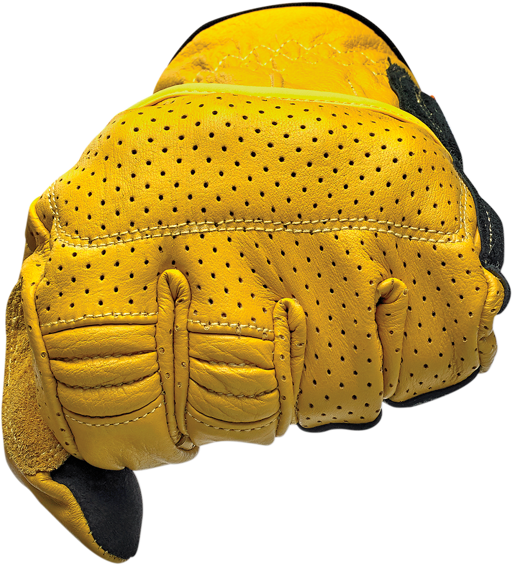 BILTWell Borrego Gloves in gold and black, small size, showing the textured leather and stylish design for motorcycle riding.