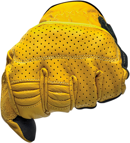 BILTWell Borrego Gloves in gold and black, small size, showing the textured leather and stylish design for motorcycle riding.