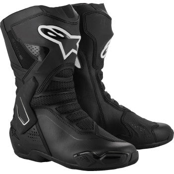 Alpinestars Stella SMX-6 V3 motorcycle boots in black and white, US 8, side view showing design and protective features.