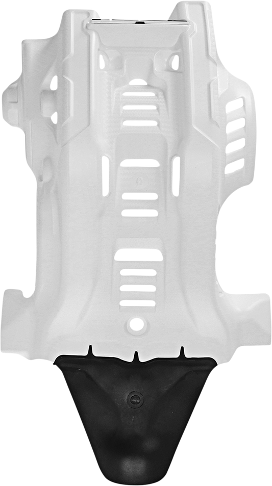 ACERBIS white and black skid plate for Gas Gas, Husqvarna, and KTM bikes, designed to protect the motorcycle body.