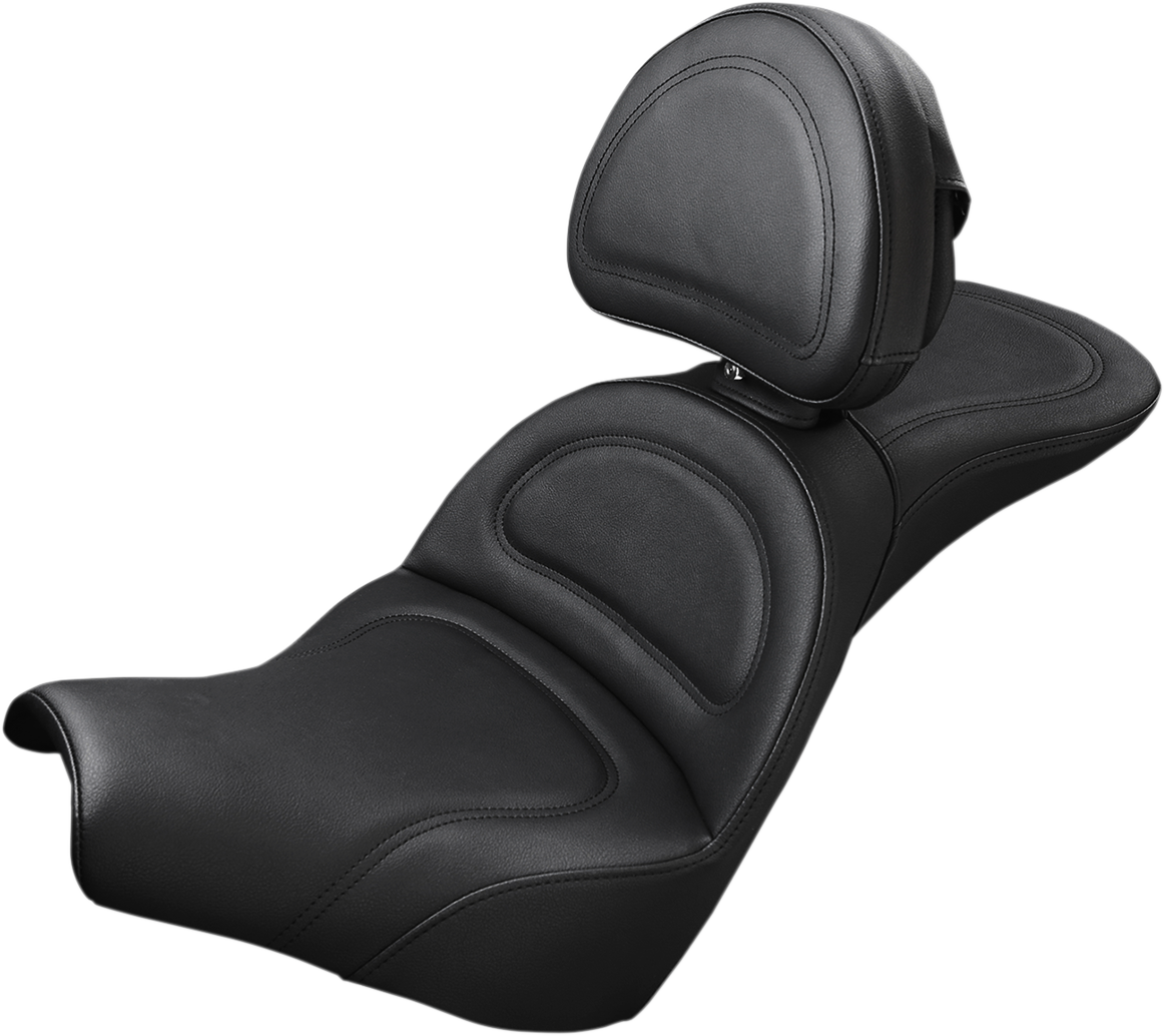 SADDLEMEN Explorer motorcycle seat with driver backrest for FXBB 2018-2022, shown in black with contoured design and mounting hardware.