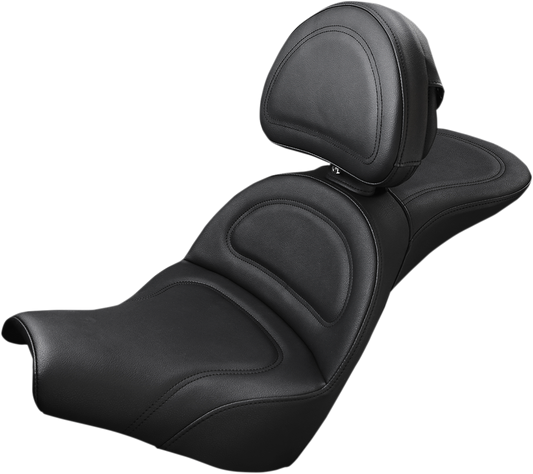 SADDLEMEN Explorer motorcycle seat with driver backrest for FXBB 2018-2022, shown in black with contoured design and mounting hardware.
