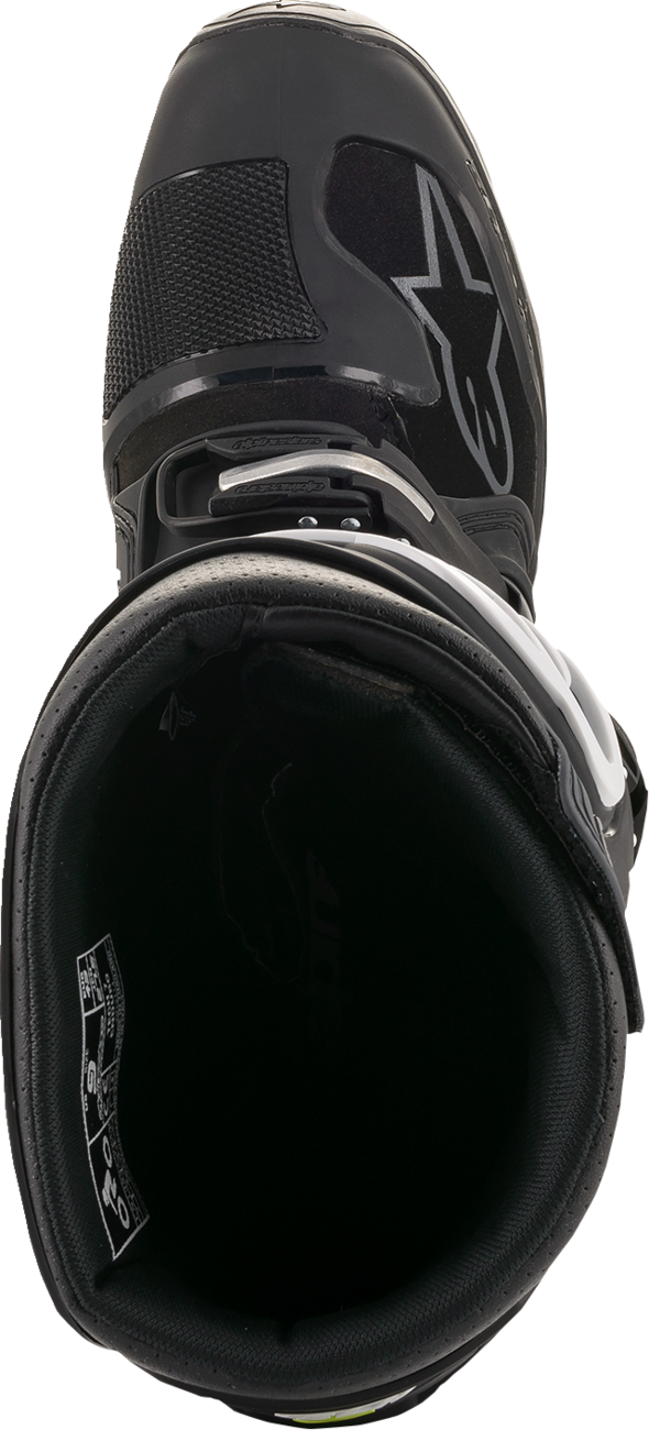 Black Alpinestars Tech 7 Enduro Drystar boots with protective design and sturdy soles, size US 8, shown from the side.