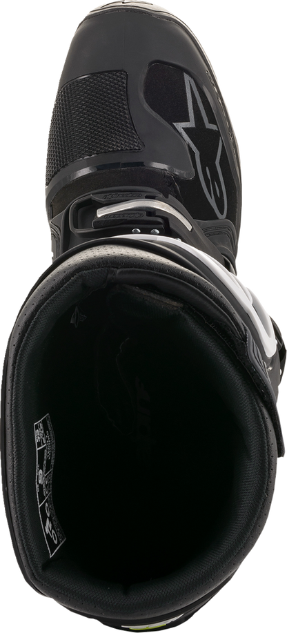 Black Alpinestars Tech 7 Enduro Drystar boots with protective design and sturdy soles, size US 8, shown from the side.